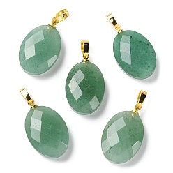 Green Aventurine Natural Green Aventurine Pendants, Faceted Oval Charms with Golden Plated Brass Snap on Bails, 21.8x13.4~13.5x6.2mm, Hole: 5.3x3.7mm