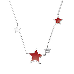 Red SHEGRACE 925 Sterling Silver Pendant Necklaces, with Epoxy Resin and Cubic Zirconia, Star, Platinum, Red, 15.75 inch(40cm), Star: 13mm
