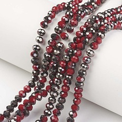 Dark Red Electroplate Opaque Glass Beads Strands, Half Black Plated, Faceted, Rondelle, Dark Red, 6x5mm, Hole: 1mm, about 85~88pcs/strand, 16.1~16.5 inch(41~42cm)