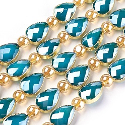 Light Sea Green Opaque Glass Beads Strands, with Golden Tone Brass Findings, Pearl Luster Plated, Faceted, teardrop, Light Sea Green, 14x10x7mm, Hole: 1.2mm, about 10pcs/strand, 7.59 inch (19.3cm)
