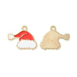 Rouge Noël pendentifs émail en alliage, or et de lumière, charme de chapeau de noël, rouge, 18x21.5x1mm, Trou: 1.8mm