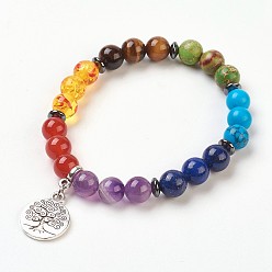 Mixed Stone Chakra Jewelry, Natural & Synthetic Gemstone Beads Charm Bracelets, with Alloy Findings, Flat Round with Tree, 2-1/8 inch(5.5cm), Pendant: 20x15x2mm