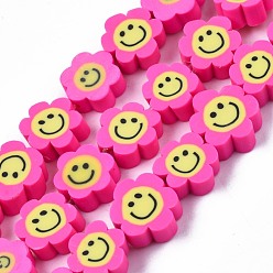 Deep Pink Handmade Polymer Clay Bead Strands, Flower with Smile, Deep Pink, 8~10x8~10x4~5mm, Hole: 1.2~1.6mm, about 38~40pcs/strand, 12.99 inch~15.94 inch(33~40.5cm)