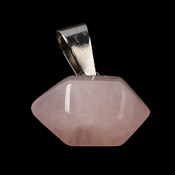 Cuarzo Rosa Cuarzo natural aumentó señaló colgantes, encantos de balas facetadas, con ganchos a presión de hierro en tono platino, 12.5~13x15.5~17x9~10 mm, agujero: 7x3.5 mm