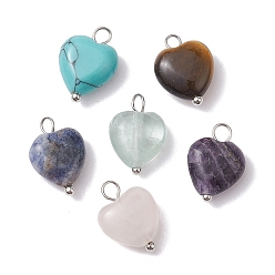 Platine Breloques cœur en pierres précieuses naturelles et synthétiques mélangées, avec boucles en fil de cuivre, platine, 14.5x10x5mm, Trou: 2.3mm