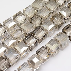 Gris Perles de verre de cristal en forme de cube à facettes brins, grises , 10x10x10mm, Trou: 1mm, Environ 79 pcs/chapelet, 30.7 pouce
