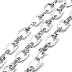 Stainless Steel Color 304 Stainless Steel Cable Chains, Unwelded, with Spool, Flat Oval, Stainless Steel Color, 17.5x11.5x2mm, about 16.40 Feet(5m)/Roll