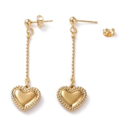 Golden 304 Stainless Steel Dangle Stud Earrings, with Ball Chains and Ear Nuts, Heart, Golden, 55mm, Pin: 0.7mm
