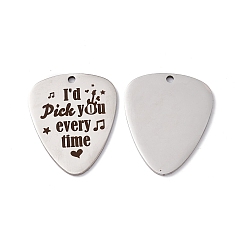 Stainless Steel Color 201 Stainless Steel Pendants, Guitar Pick Charm, Laser Cut, with Word I'd Pick You Every Time, Stainless Steel Color, 38x25x1.5mm, Hole: 2.2mm