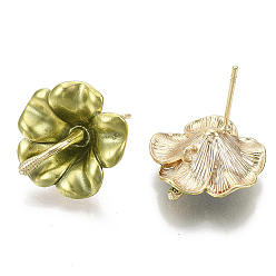 Olive Spray Painted Alloy Stud Earring Findings, with Stainless Steel Pins and Loop, Flower, Golden, Olive, 18x18mm, Hole: 1.4mm, Pin: 1mm
