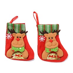Rouge Tissu suspendu bas de noël, sac cadeau de bonbons, pour la décoration de sapin de Noël, renne de noël/cerf/cerf avec mot joyeux noël, rouge, 150x130x24.5mm
