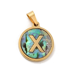 Letter X Vacuum Plating 304 Stainless Steel with Paua Shell Pendants, Golden, Flat Round with Letter Charm, Letter.X, 18x16x1.5mm, Hole: 3x6mm