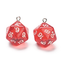 Red Transparent Acrylic Pendants, with Platinum Plated Iron Findings, Dice, Red, 27.5x20x20mm, Hole: 2mm