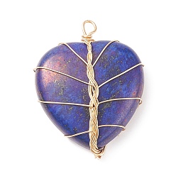Lapis Lazuli Natural Lapis Lazuli Pendants, with Light Gold Tone Copper Wire Wrapped, Heart, 38~41x30~31x9mm, Hole: 3~4mm