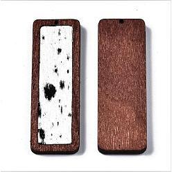 Black Eco-Friendly Cowhide Leather Big Pendants, with Dyed Wood, Rectangle with Leopard Print, Black, 56x19x3mm, Hole: 1.2mm