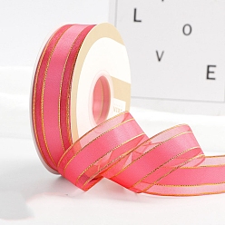 Light Coral Polyester Organza Ribbons with Gold Edge, Garment Accessories, Gift Wrapping Ribbon, Light Coral, 1 inch(25mm), about 49.21 Yards(45m)/Roll