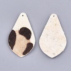Beige Eco-Friendly Cowhide Pendants, Teardrop with Leopard Print, Beige, 38x21x1mm, Hole: 1.5mm