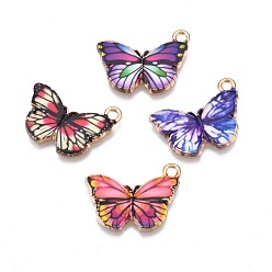 Mixed Color Printed Alloy Pendants, Cadmium Free & Nickel Free & Lead Free, Light Gold, Butterfly, Mixed Color, 15x20x1.5mm, Hole: 1.8mm