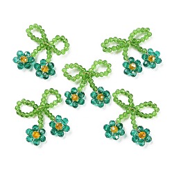 Teal Glass Beaded Pendants, with Copper Wire, Bowknot with Flower Charms, Teal, 25~27x25~28x5~5.5mm, Hole: 5.5x7.5mm