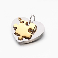 Golden Valentine's Couple Jewelry Lovers 304 Stainless Steel Heart with Puzzle Jigsaw Split Pendants, Golden, 17x17x3mm, Hole: 5mm, 24x28x3mm, Hole: 7.5mm