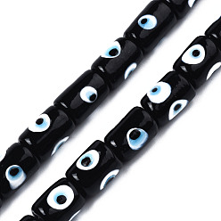 Black Handmade Evil Eye Lampwork Beads, Column, Black, 14x10mm, Hole: 1.2mm, about 25pcs/strand, 13.98 inch(35.5cm)