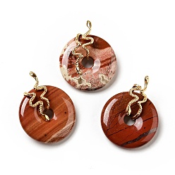 Red Jasper Natural Red Jasper Pendants, with Ion Plating(IP) Golden Tone 304 Stainless Steel Findings, Snake with Donut/Pi Disc Charm, 37~40x30x12~13mm, Hole: 10.5x2mm