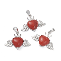Piedra Roja Colgantes de jaspe rojo naturales, dijes de corazón con alas y corona, con fornituras de diamantes de imitación de cristal de latón en tono platino, 26x35.5x8 mm, agujero: 8x5 mm