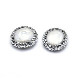 Blanc Culture des perles perles d'eau douce naturelles, avec argile polymère strass, plat rond, blanc, 15~17x5~7mm, Trou: 0.8mm