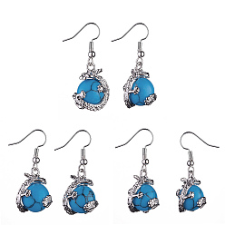 Synthetic Turquoise Synthetic Blue Turquoise Dragon Dangle Earrings, Platinum Brass Jewelry for Women, 36mm, Pin: 0.6mm