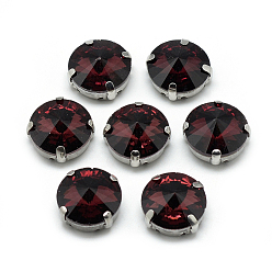 Rojo Oscuro Cose en el rhinestone, Enlaces multifilares, diamantes de imitación de cristal, con ajustes de puntas de latón, accesorios de prendas de vestir, facetados, plano y redondo, Platino, de color rojo oscuro, 9x6.3 mm, agujero: 0.8~1 mm