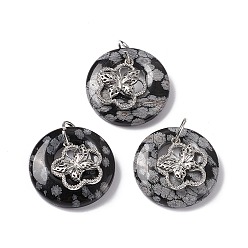 Snowflake Obsidian Natural Snowflake Obsidian Pendants, Flat Round Charms, with Platinum Tone Brass Flower with Butterfly Findings, Cadmium Free & Nickel Free & Lead Free, 30~35x28~32x10~10.5mm, Hole: 2mm