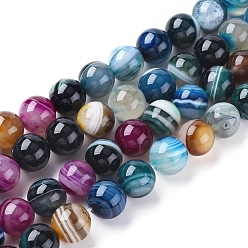 Colorful Natural Striped Agate/Banded Agate Beads Strands, Dyed & Heated, Round, Colorful, 10mm, Hole: 1.2mm, about 37pcs/strand, 14.65 inch(37.2cm)