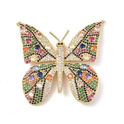 Real 18K Gold Plated Brass Micro Pave Colorful Cubic Zirconia with Glass Connector Charms, Butterfly Links, Real 18K Gold Plated, 48x46x4mm, Hole: 1mm