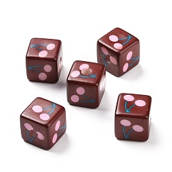Rose Nacré Perles acryliques imprimés opaques, cube avec motif cerise, perle rose, 13.5x13.5x13.5mm, Trou: 3.8mm