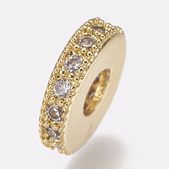 Golden Brass Micro Pave Cubic Zirconia Bead Spacers, Flat Round, Clear, Golden, 8x2mm, Hole: 3mm