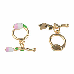 Real 18K Gold Plated Brass Enamel Toggle Clasps, Nickel Free, Flower with Ring, Real 18K Gold Plated, 23mm, Hole: 1.4mm
