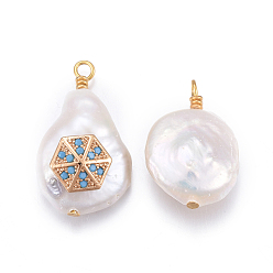 Deep Sky Blue Natural Cultured Freshwater Pearl Pendants, with Brass Micro Pave Cubic Zirconia Findings, Nuggets with Hexagon, Golden, Deep Sky Blue, 17~26x11~16x5~11mm, Hole: 1.6~2mm