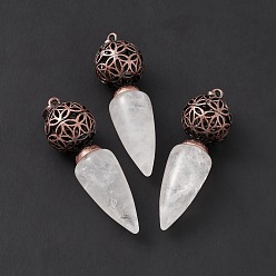 Quartz Crystal Natural Quartz Crystal Big Pendants, Cone Charms with Rack Plating Brass Hollow Ball, Red Copper, Cadmium Free & Lead Free, 57~58x17.5~18mm, Hole: 8x5mm
