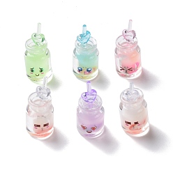 Mixed Color Luminous Transparent Resin Pendants, Drink Bottle Charms with Face, Glow in Dark, Mixed Color, 34x15x15mm, Hole: 1.5mm