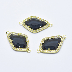 Black Brass Micro Pave Cubic Zirconia Links, with Glass, Faceted, Rhombus, Golden, Black, 33x20x5mm, Hole: 1.6mm