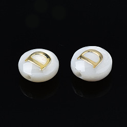 Letter D Natural Freshwater Shell Beads, with Golden Plated Brass Etched Metal Embellishments, Flat Round with Letter, Seashell Color, Letter.D, 6x4mm, Hole: 0.8mm