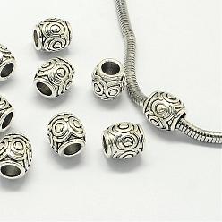 Antique Silver Alloy European Beads, Large Hole Beads, Barrel, Antique Silver, 10x9mm, Hole: 4.5mm