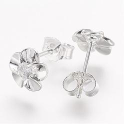 Crystal Real Platinum Plated Flower Brass Stud Earrings, with Rhinestone, Crystal, 8x8mm