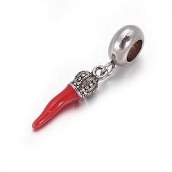 Red 304 Stainless Steel European Dangle Charms, with Enamel, Large Hole Pendants, Pepper, Antique Silver, Red, 27mm, Hole: 4.5mm, Pendant: 17x4.5mm