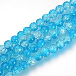 Deep Sky Blue Baking Painted Transparent Crackle Glass Round Bead Strands, Deep Sky Blue, 10~10.5mm, Hole: 1.5mm, about 85pcs/strand, 31.4 inch