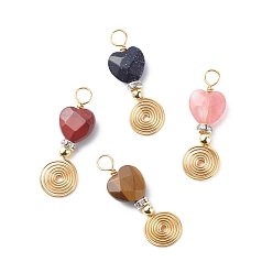 Mixed Stone Natural & Synthetic Mixed Gemstone Pendants, with Golden Tone Copper Wire, Synthetic Hematite Beads and Brass Crystal Rhinestone Spacer Beads, Faceted Heart Charm, 30.5x9.5x5mm, Hole: 3.5mm