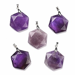 Amethyst Natural Amethyst Pendants, with Platinum Tone Brass Findings, Faceted, Hexagon, 37x24x10mm, Hole: 4x4mm