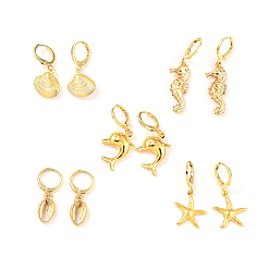 Golden Ocean Theme Brass Huggie Hoop Earring Sets, with 304 Stainless Steel Pendants, Dolphin & Shell Shape & Sea Horse & Starfish, Golden, 27~39.5mm, Pin: 0.7mm, 5pairs/set