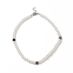 Blanco Cruz de ónix negro natural y collar de cuentas de perlas de imitación acrílicas para mujer, blanco, 17.32 pulgada (44 cm)