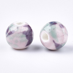 Misty Rose Handmade Porcelain Beads, Fancy Antique Glazed Porcelain, Round, Misty Rose, 10.5x9.5mm, Hole: 2.5mm